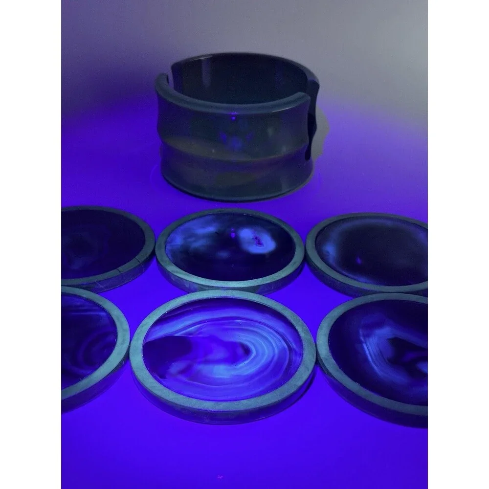 Vintage MCM Green Agate Wood Coaster Set Caddy Novelty Phallic UV Glow 7pc
